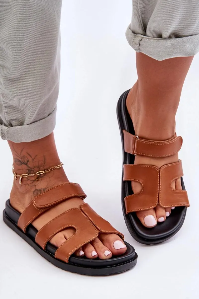 Hot Skórzane Klasyczne Klapki Damskie Na Rzep Brązowe Amedon Damskie Klapki Na Platformie|Klapki Damskie Klasyczne