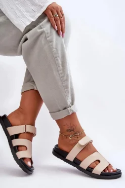 Discount Boto Skórzane Klasyczne Klapki Damskie Na Rzep Beżowe Amedon