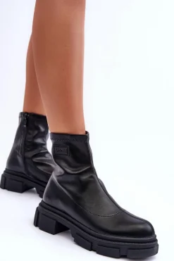 Outlet Skórzane Klasyczne Ocieplane Botki Czarne Vergilia Damskie Czarne Botki|Botki Płaskie