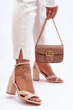 Discount Boto Skórzane Klasyczne Sandałki Na Słupku Beżowe Zipola