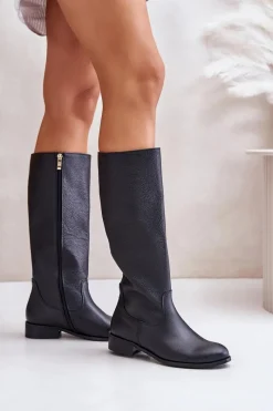 New Skórzane Kozaki Damskie Do Połowy Łydki Na Zamek Lewski 3616 Czarne Damskie Kozaki Płaskie|Kozaki Przed Kolano