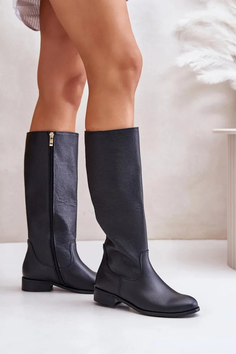 New Skórzane Kozaki Damskie Do Połowy Łydki Na Zamek Lewski 3616 Czarne Damskie Kozaki Płaskie|Kozaki Przed Kolano