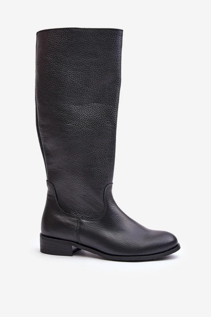 New Skórzane Kozaki Damskie Do Połowy Łydki Na Zamek Lewski 3616 Czarne Damskie Kozaki Płaskie|Kozaki Przed Kolano