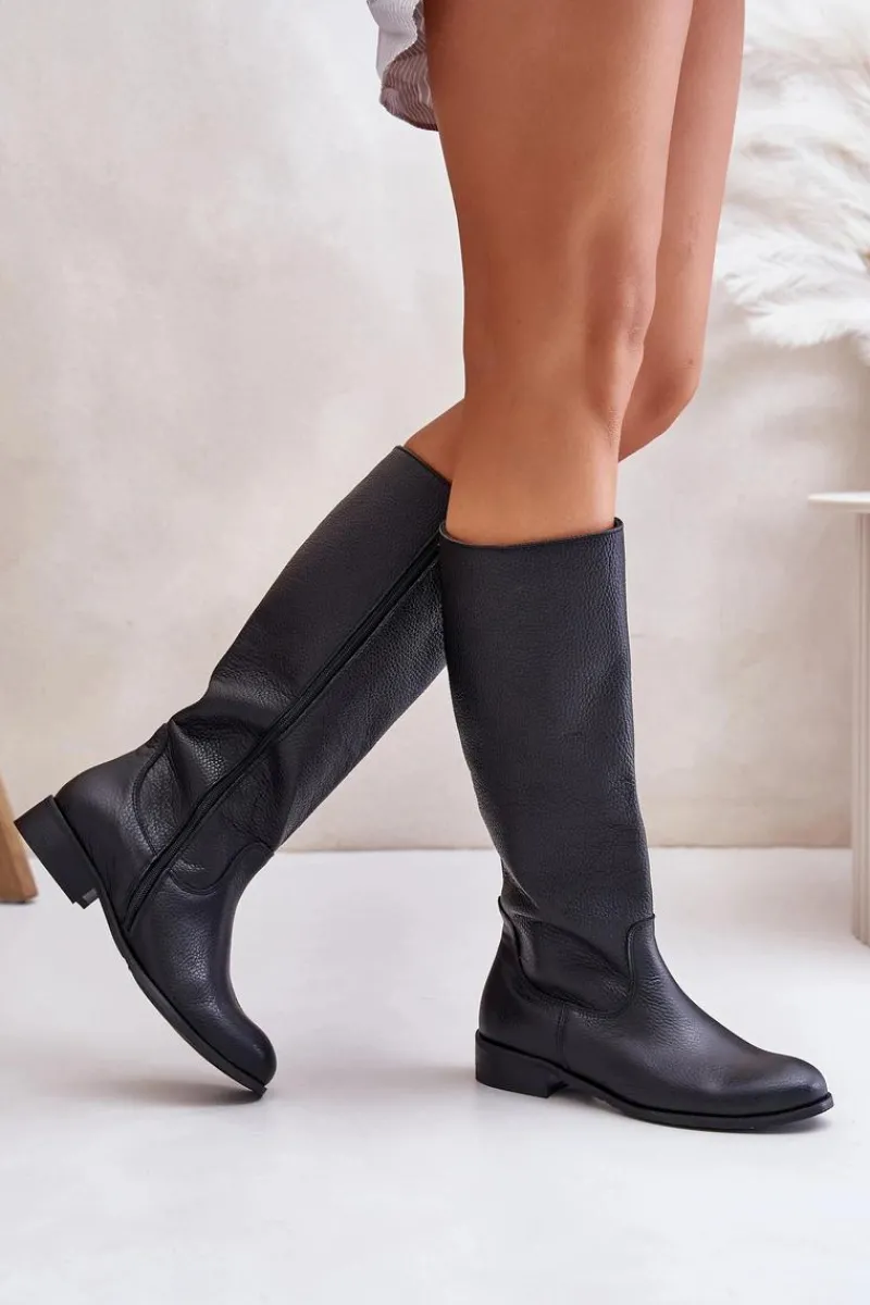 New Skórzane Kozaki Damskie Do Połowy Łydki Na Zamek Lewski 3616 Czarne Damskie Kozaki Płaskie|Kozaki Przed Kolano