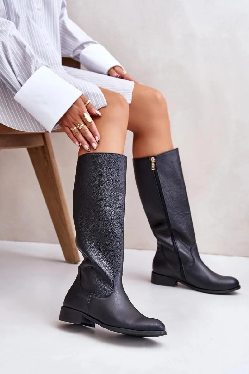 New Skórzane Kozaki Damskie Do Połowy Łydki Na Zamek Lewski 3616 Czarne Damskie Kozaki Płaskie|Kozaki Przed Kolano