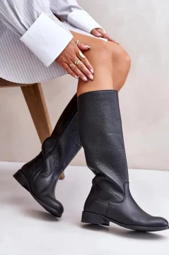 New Skórzane Kozaki Damskie Do Połowy Łydki Na Zamek Lewski 3616 Czarne Damskie Kozaki Płaskie|Kozaki Przed Kolano