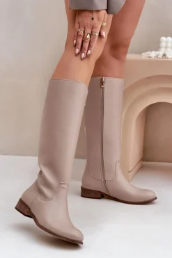 New Skórzane Kozaki Damskie Do Połowy Łydki Na Zamek 3616 Jasnobeżowe Damskie Kozaki Płaskie|Kozaki Przed Kolano