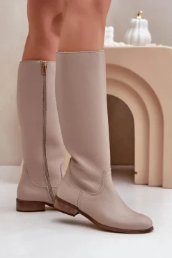 New Skórzane Kozaki Damskie Do Połowy Łydki Na Zamek 3616 Jasnobeżowe Damskie Kozaki Płaskie|Kozaki Przed Kolano
