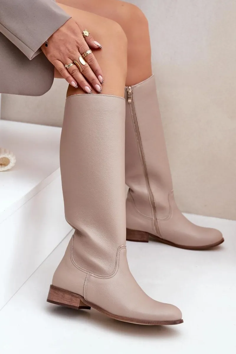 New Skórzane Kozaki Damskie Do Połowy Łydki Na Zamek 3616 Jasnobeżowe Damskie Kozaki Płaskie|Kozaki Przed Kolano