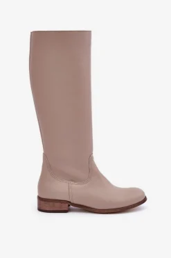 New Skórzane Kozaki Damskie Do Połowy Łydki Na Zamek 3616 Jasnobeżowe Damskie Kozaki Płaskie|Kozaki Przed Kolano
