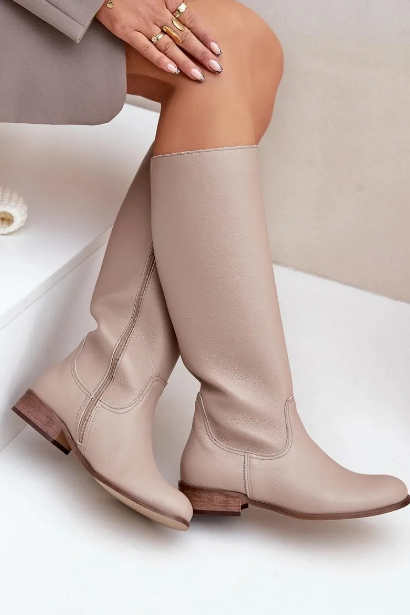 New Skórzane Kozaki Damskie Do Połowy Łydki Na Zamek 3616 Jasnobeżowe Damskie Kozaki Płaskie|Kozaki Przed Kolano