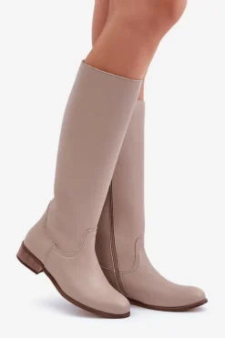 New Skórzane Kozaki Damskie Do Połowy Łydki Na Zamek 3616 Jasnobeżowe Damskie Kozaki Płaskie|Kozaki Przed Kolano