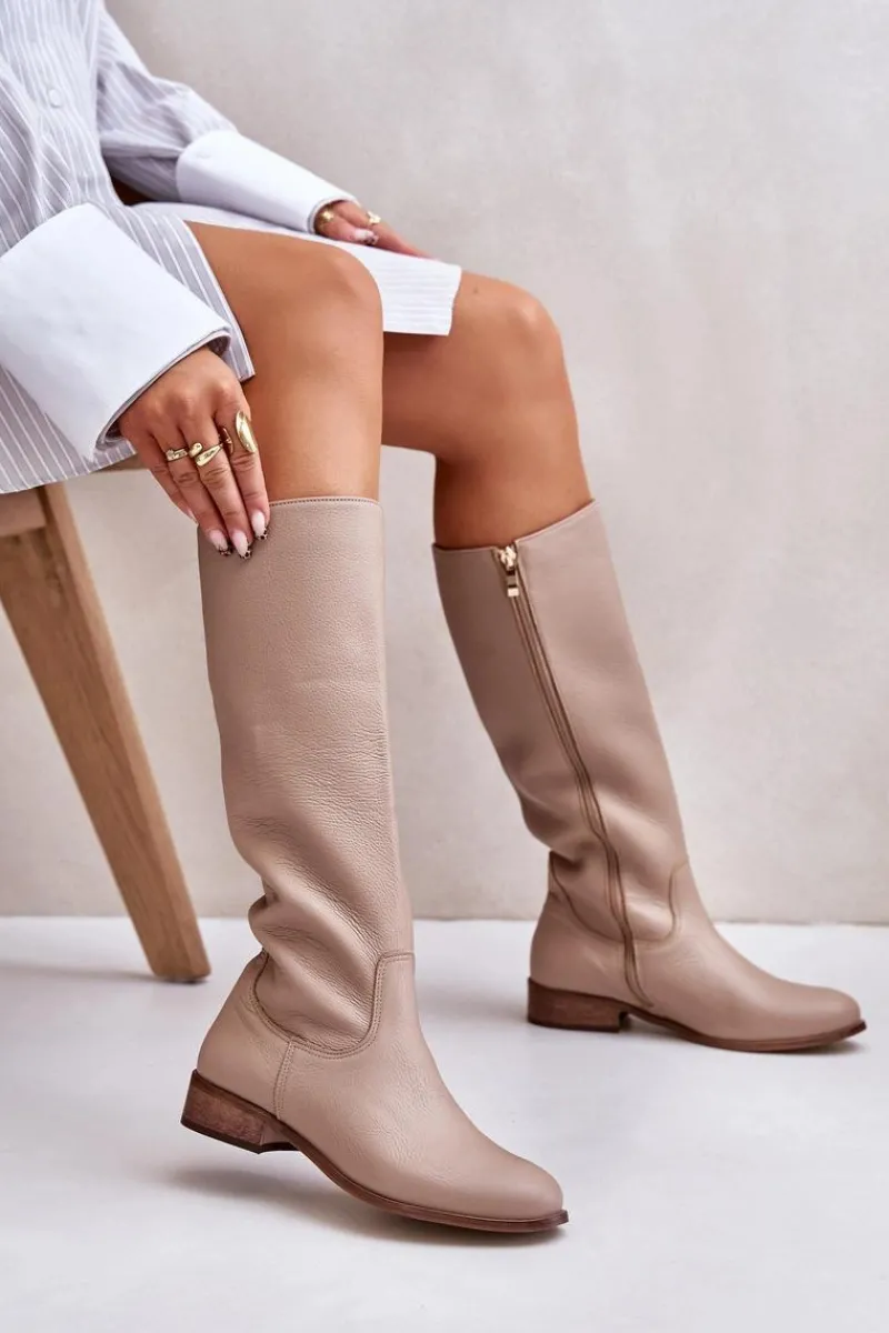 Sale Skórzane Kozaki Damskie Do Połowy Łydki Na Zamek Lewski 3616 Beżowe Damskie Kozaki Płaskie|Kozaki Przed Kolano