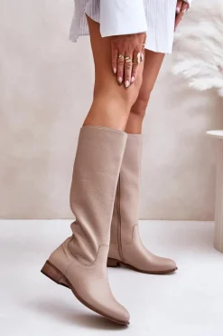 Sale Skórzane Kozaki Damskie Do Połowy Łydki Na Zamek Lewski 3616 Beżowe Damskie Kozaki Płaskie|Kozaki Przed Kolano