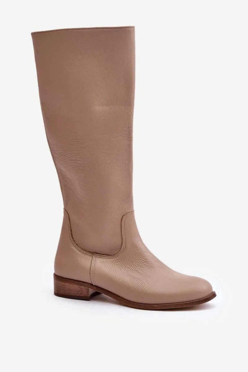 Sale Skórzane Kozaki Damskie Do Połowy Łydki Na Zamek Lewski 3616 Beżowe Damskie Kozaki Płaskie|Kozaki Przed Kolano