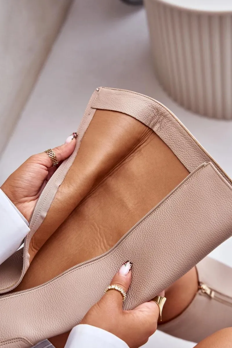 Sale Skórzane Kozaki Damskie Do Połowy Łydki Na Zamek Lewski 3616 Beżowe Damskie Kozaki Płaskie|Kozaki Przed Kolano