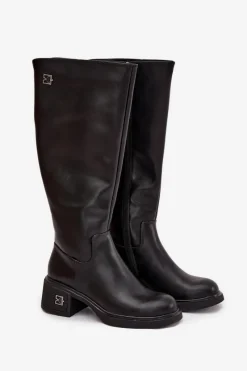 Hot Buty damskie Vinceza Skórzane Kozaki Damskie Na Niskim Obcasie Ocieplane Vinceza 66823 Czarne