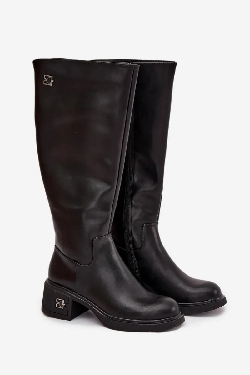 Hot Buty damskie Vinceza Skórzane Kozaki Damskie Na Niskim Obcasie Ocieplane Vinceza 66823 Czarne