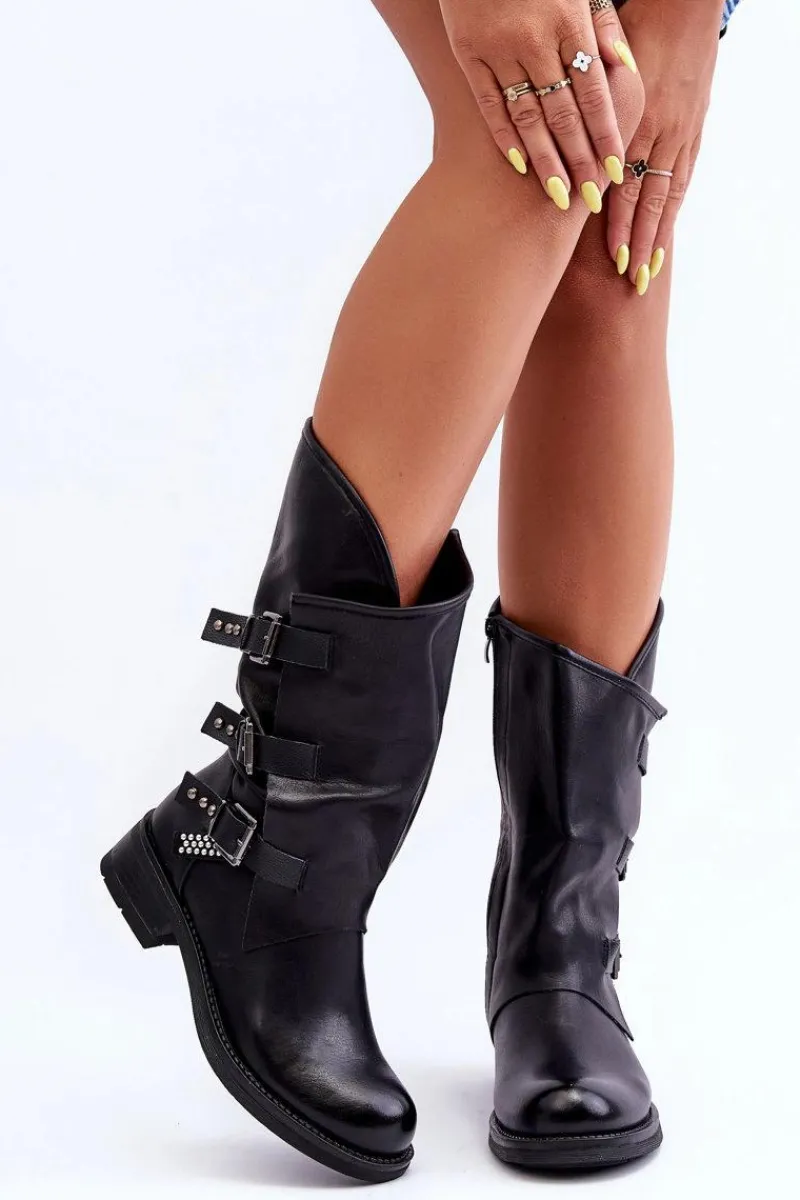 New Skórzane Kozaki Damskie Na Płaskim Obcasie Czarne Nyreo Damskie Kozaki Płaskie|Kozaki Przed Kolano