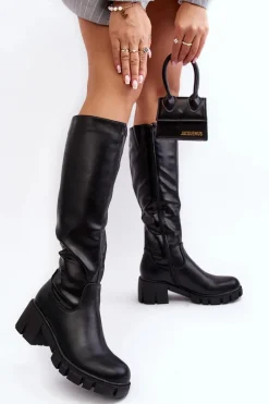 Kozaki Na Obcasie|Kozaki Zamszowe></noscript>Buty damskie Vinceza Skórzane Kozaki Damskie Na Niskim Masywnym Obcasie Czarne Nienna