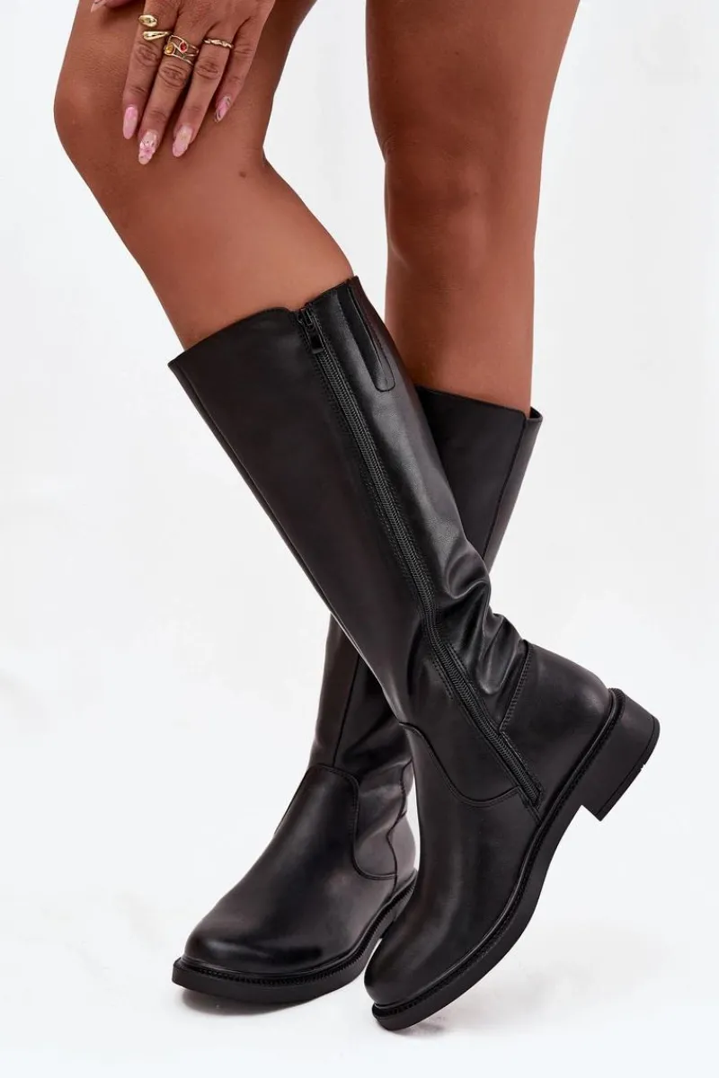 Sale Skórzane Kozaki Damskie Ocieplane Na Płaskim Obcasie Sergio Leone KZ25600-S Czarne Damskie Kozaki Ocieplane|Muszkieterki