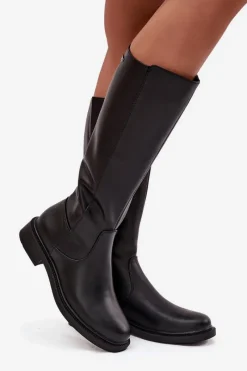 Sale Skórzane Kozaki Damskie Ocieplane Na Płaskim Obcasie Sergio Leone KZ25600-S Czarne Damskie Kozaki Ocieplane|Muszkieterki