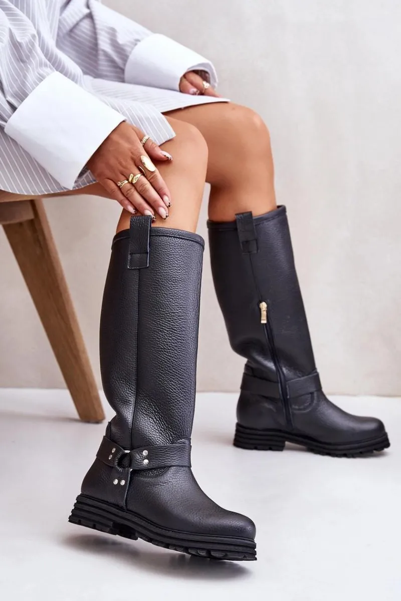 Hot Skórzane Kozaki Damskie Przed Kolano Lewski 3615 Czarne Damskie Kozaki Płaskie|Brązowe Kozaki Damskie