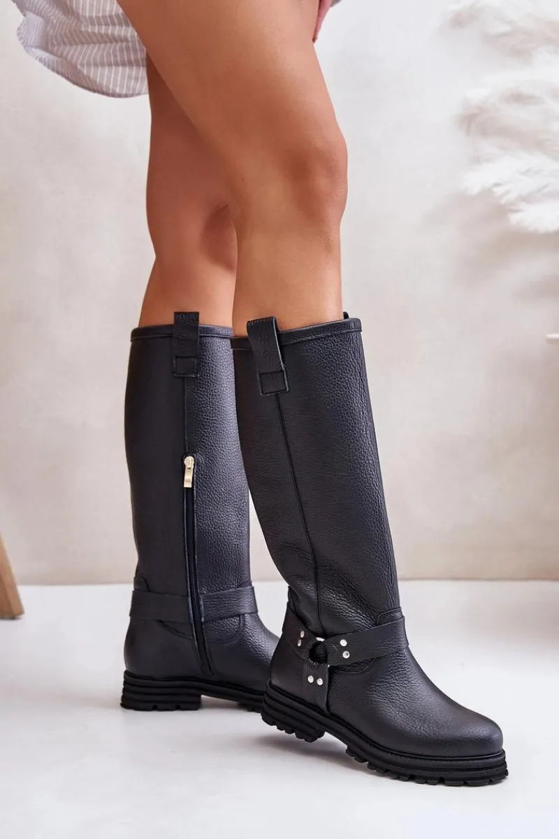 Hot Skórzane Kozaki Damskie Przed Kolano Lewski 3615 Czarne Damskie Kozaki Płaskie|Brązowe Kozaki Damskie