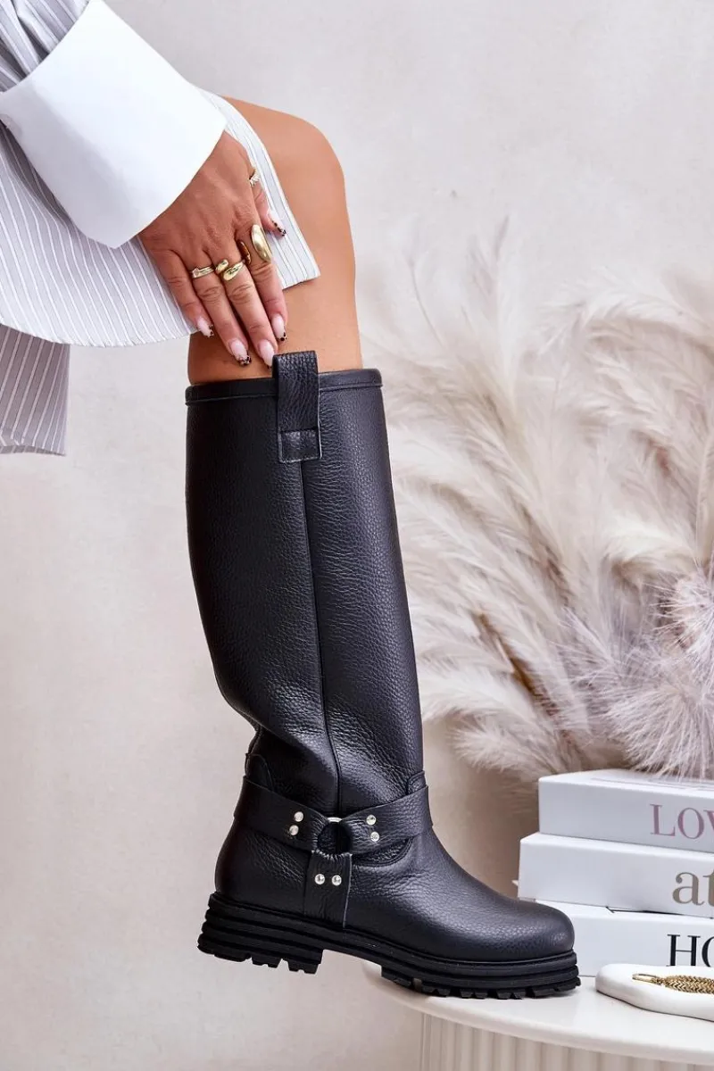 Hot Skórzane Kozaki Damskie Przed Kolano Lewski 3615 Czarne Damskie Kozaki Płaskie|Brązowe Kozaki Damskie