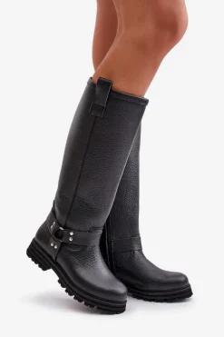 Hot Skórzane Kozaki Damskie Przed Kolano Lewski 3615 Czarne Damskie Kozaki Płaskie|Brązowe Kozaki Damskie