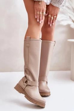 Kozaki Płaskie|Brązowe Kozaki Damskie>Zazoo Skórzane Kozaki Damskie Przed Kolano Lewski 3615 Beżowe Beżowy