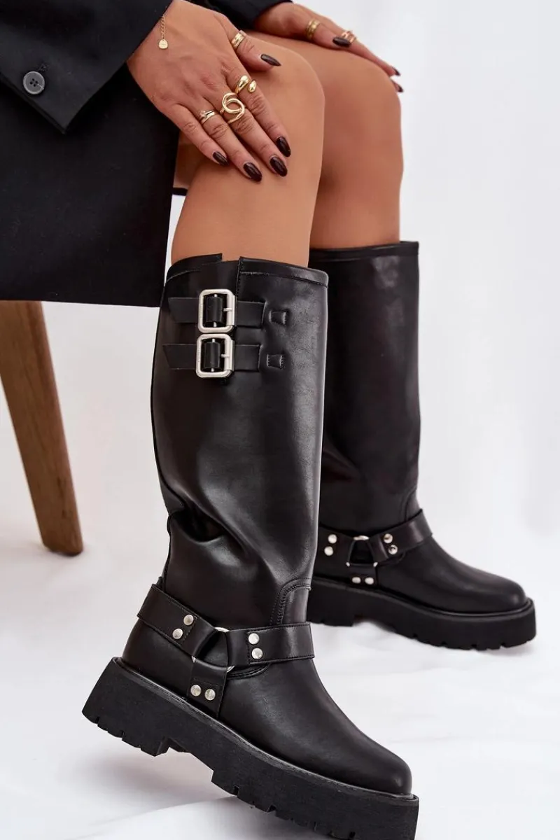 Outlet Big Star Shoes Skórzane Kozaki Damskie Z Klamrami Ocieplane Big Star OO274A180 Czarne Czarny