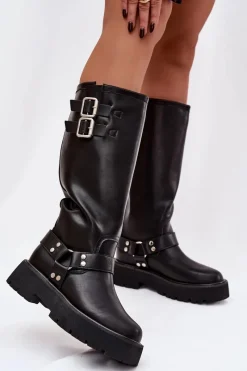 Outlet Big Star Shoes Skórzane Kozaki Damskie Z Klamrami Ocieplane Big Star OO274A180 Czarne Czarny