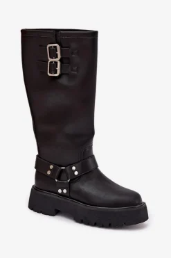 Outlet Big Star Shoes Skórzane Kozaki Damskie Z Klamrami Ocieplane Big Star OO274A180 Czarne Czarny