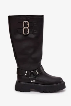 Outlet Big Star Shoes Skórzane Kozaki Damskie Z Klamrami Ocieplane Big Star OO274A180 Czarne Czarny