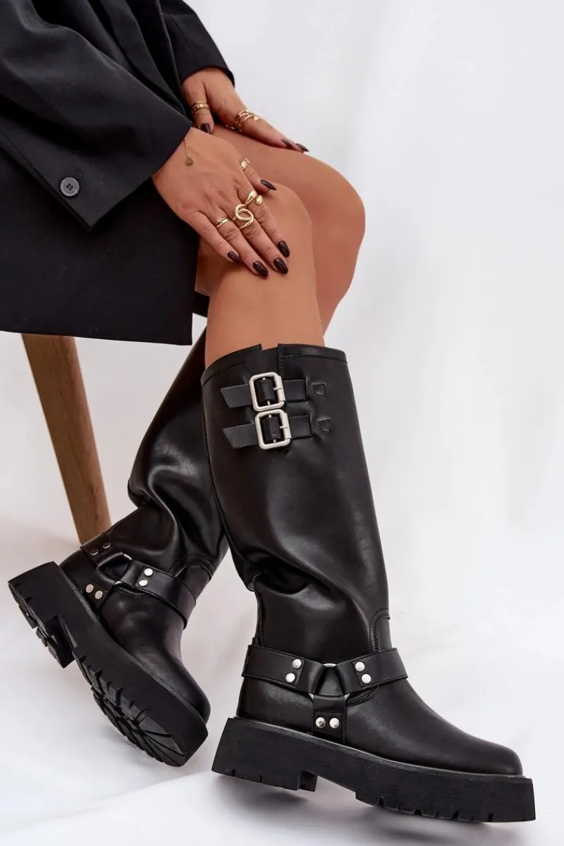 Outlet Big Star Shoes Skórzane Kozaki Damskie Z Klamrami Ocieplane Big Star OO274A180 Czarne Czarny