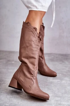 Sale Skórzane Kozaki Do Kolana Ciemnobeżowe Andreia Damskie Kozaki Wiosenne|Kozaki Przed Kolano