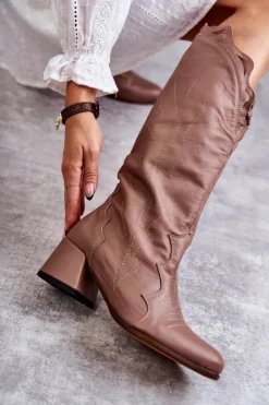 Sale Skórzane Kozaki Do Kolana Ciemnobeżowe Andreia Damskie Kozaki Wiosenne|Kozaki Przed Kolano