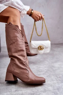 Sale Skórzane Kozaki Do Kolana Ciemnobeżowe Andreia Damskie Kozaki Wiosenne|Kozaki Przed Kolano