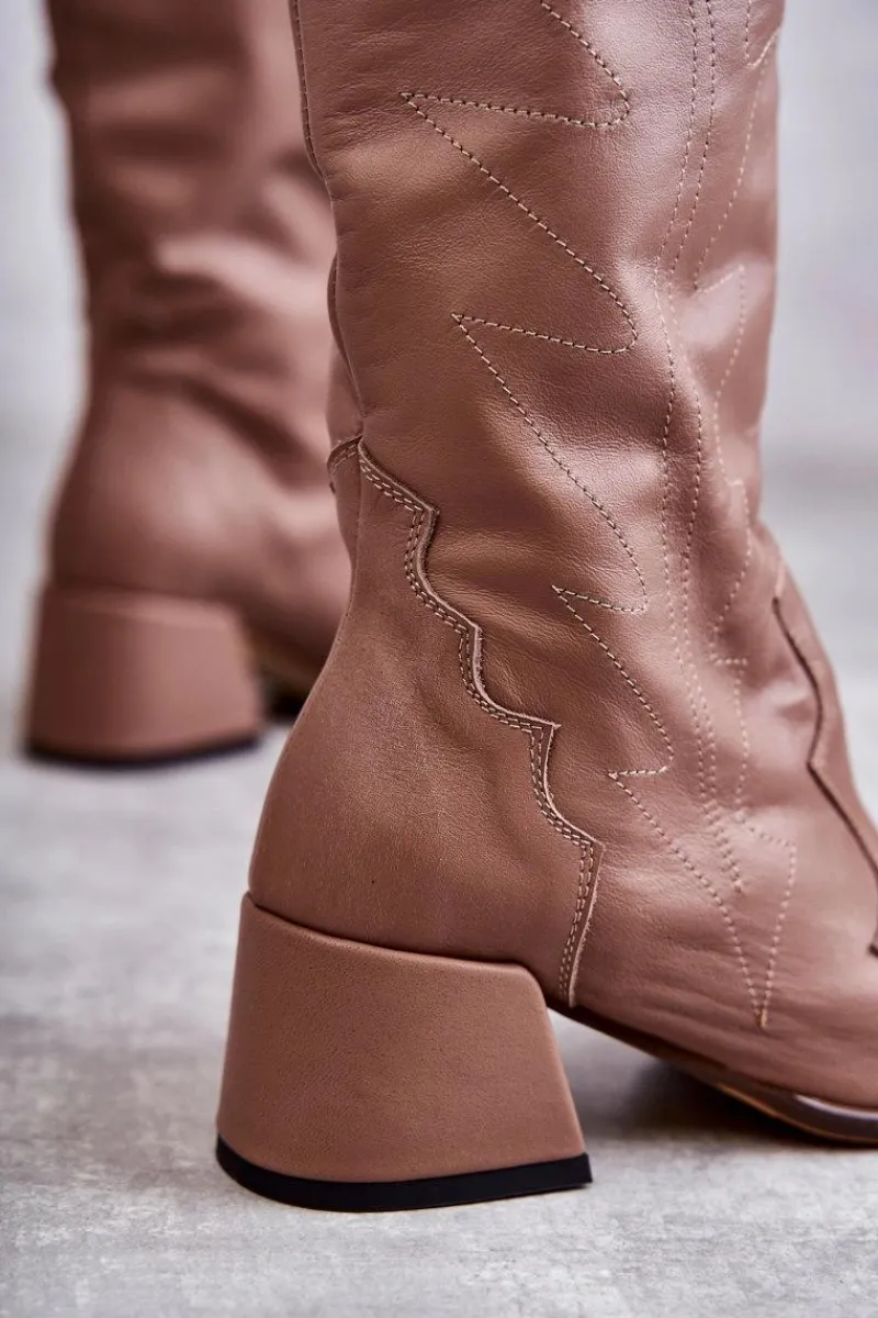 Sale Skórzane Kozaki Do Kolana Ciemnobeżowe Andreia Damskie Kozaki Wiosenne|Kozaki Przed Kolano