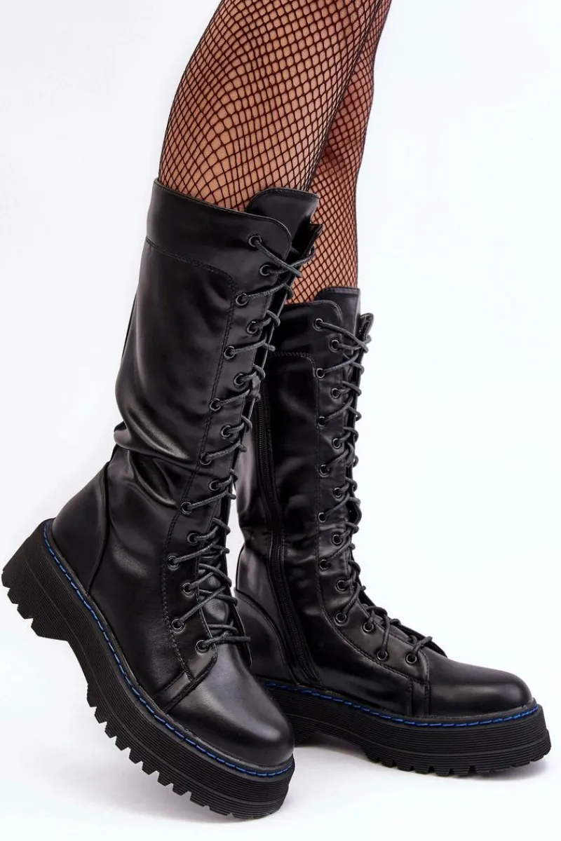 Kozaki Płaskie|Kozaki Przed Kolano>Boto Skórzane Kozaki Glany Sznurowane Z Suwakiem Czarne Zoraida