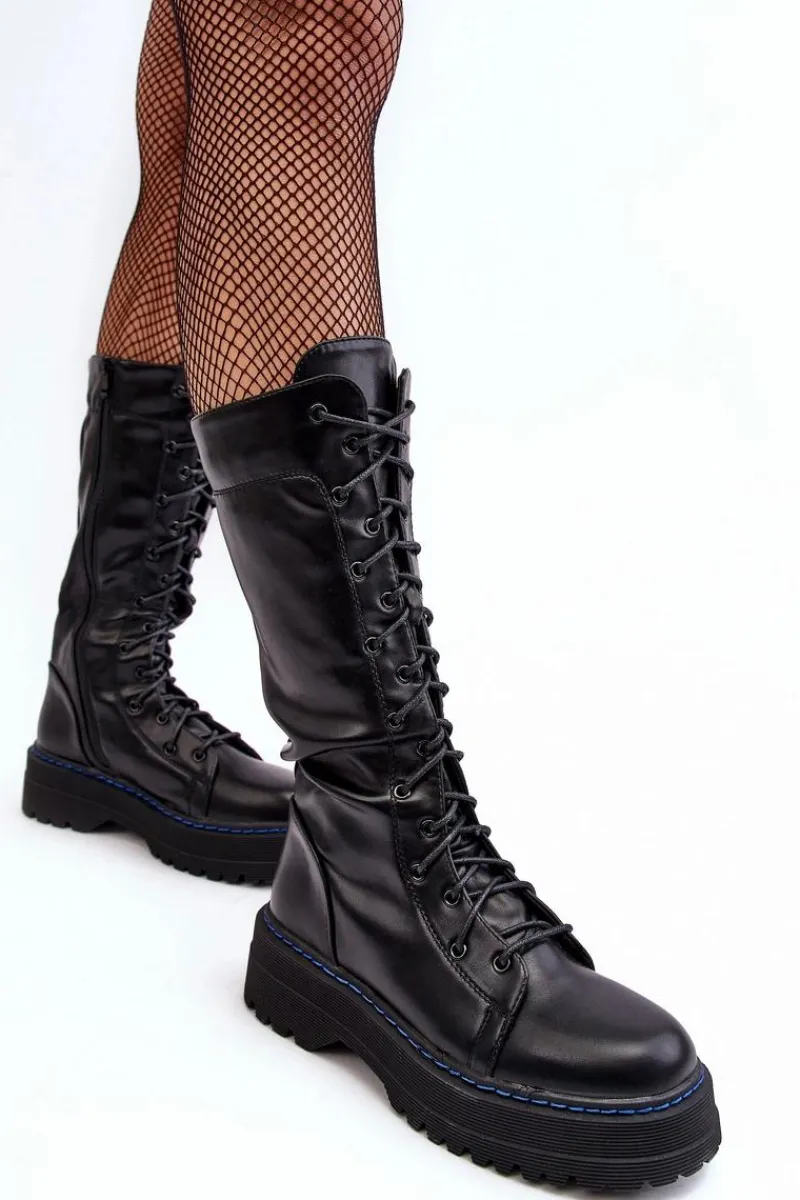 Kozaki Płaskie|Kozaki Przed Kolano>Boto Skórzane Kozaki Glany Sznurowane Z Suwakiem Czarne Zoraida