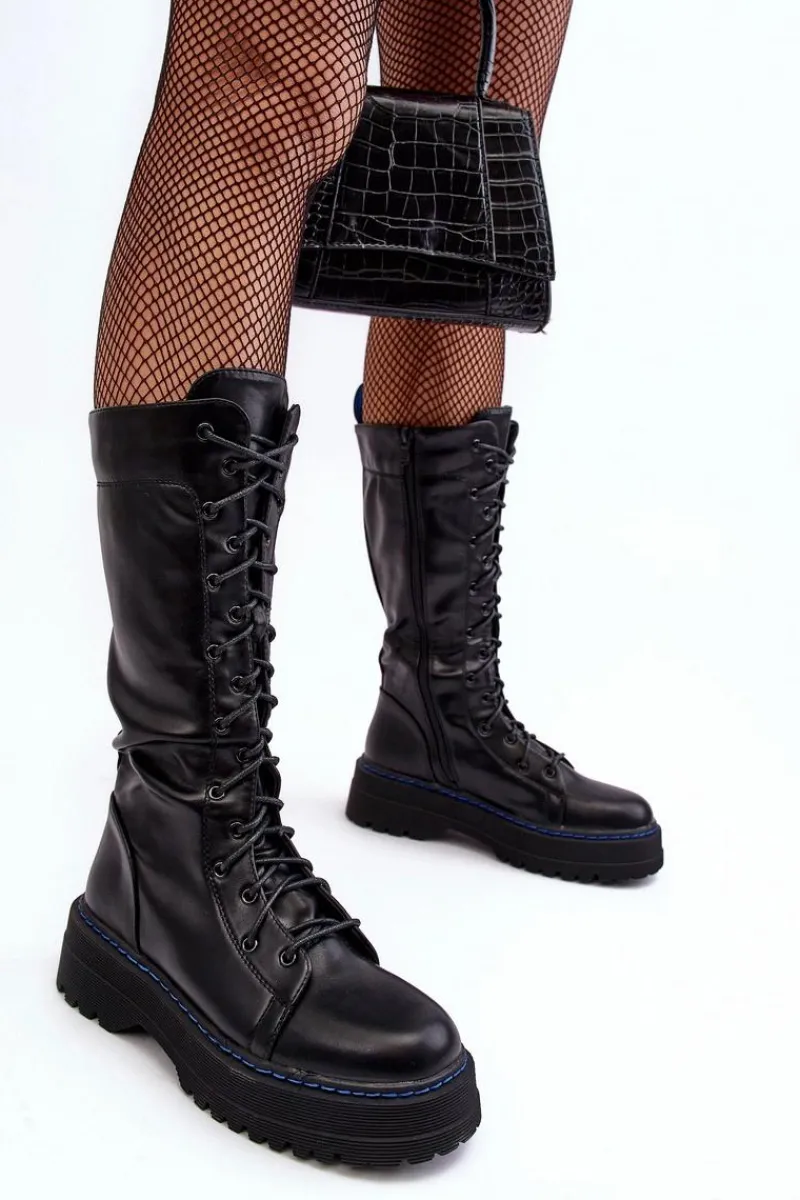 Kozaki Płaskie|Kozaki Przed Kolano>Boto Skórzane Kozaki Glany Sznurowane Z Suwakiem Czarne Zoraida