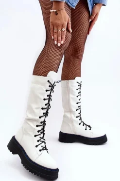 Kozaki Płaskie|Kozaki Przed Kolano></noscript>Boto Skórzane Kozaki Glany Sznurowane Z Suwakiem Białe Zoraida