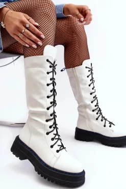 Kozaki Płaskie|Kozaki Przed Kolano></noscript>Boto Skórzane Kozaki Glany Sznurowane Z Suwakiem Białe Zoraida