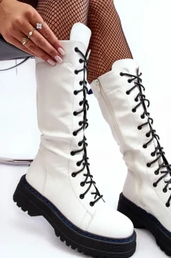 Kozaki Płaskie|Kozaki Przed Kolano></noscript>Boto Skórzane Kozaki Glany Sznurowane Z Suwakiem Białe Zoraida