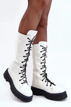 Kozaki Płaskie|Kozaki Przed Kolano></noscript>Boto Skórzane Kozaki Glany Sznurowane Z Suwakiem Białe Zoraida