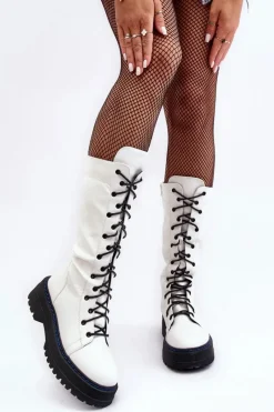 Kozaki Płaskie|Kozaki Przed Kolano></noscript>Boto Skórzane Kozaki Glany Sznurowane Z Suwakiem Białe Zoraida