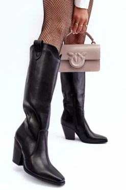 Online Skórzane Kozaki Kowbojki Na Słupku Czarne Solera Damskie Kozaki Przed Kolano|Kozaki Na Obcasie