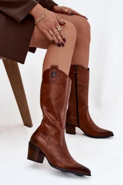 Zazoo Skórzane Kozaki Kowbojki Na Obcasie Ocieplane 70155 Brązowe Brązowy